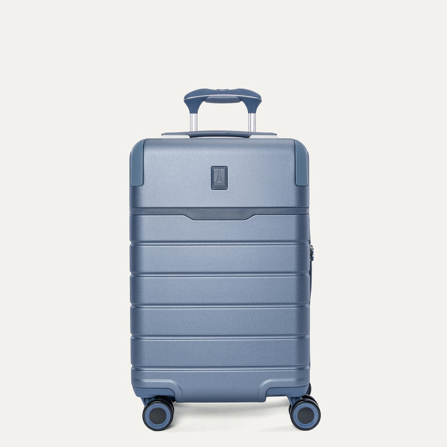 Front view of the Travelpro Platinum Reserve Carry-On Hardside Spinner in Steel Blue