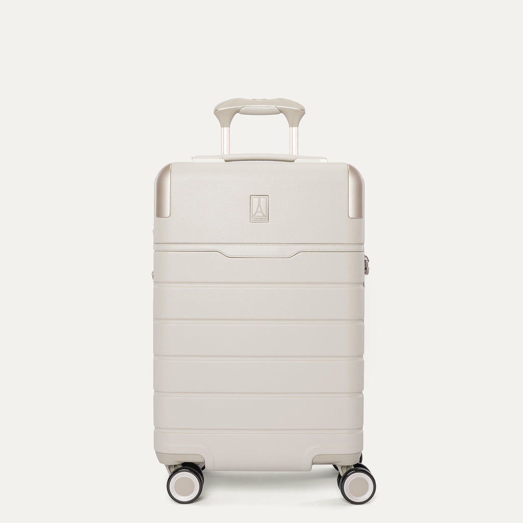 Front view of the Travelpro Platinum Reserve Carry-On Hardside Spinner in Sandstone