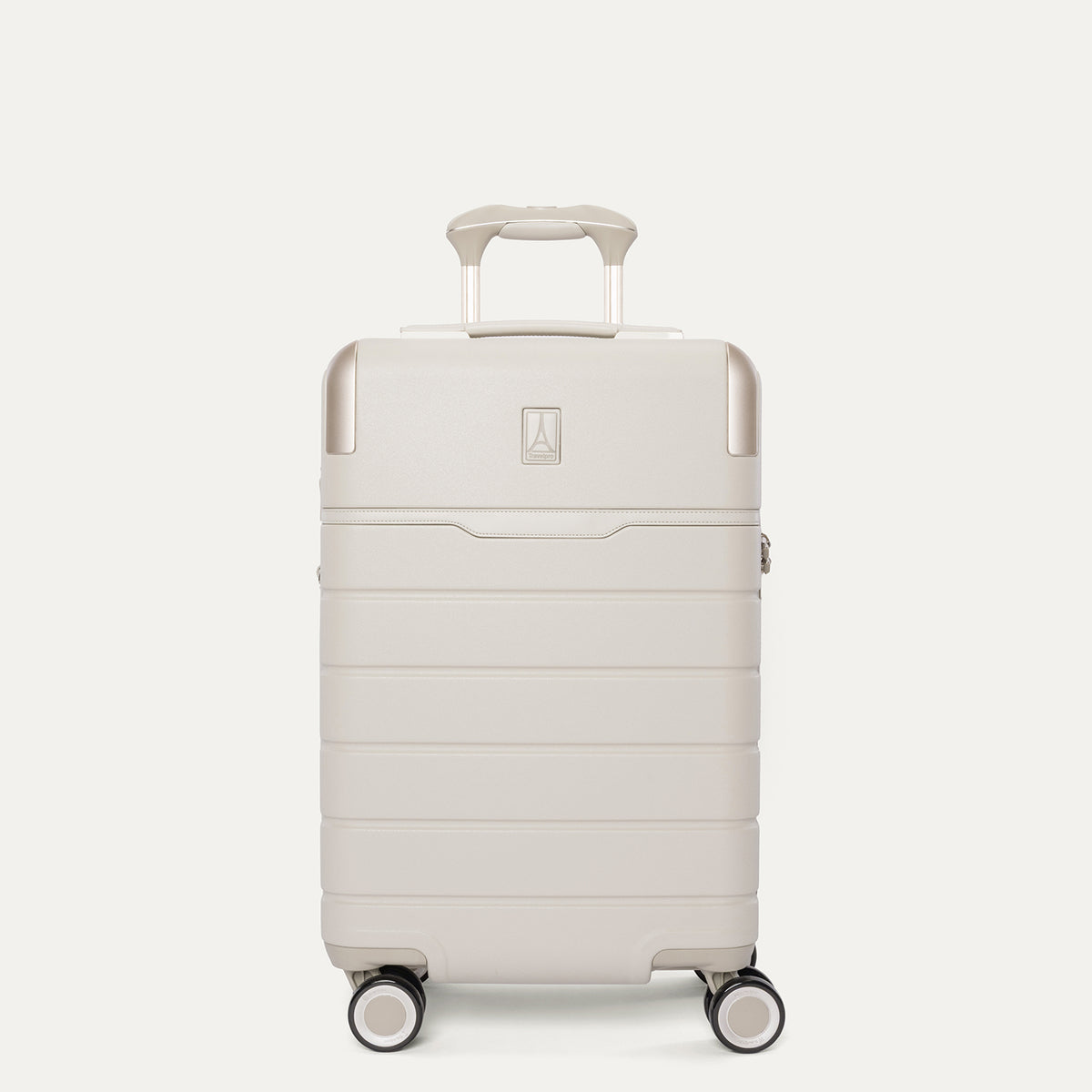 Front view of the Travelpro Platinum Reserve Carry-On Hardside Spinner in Sandstone