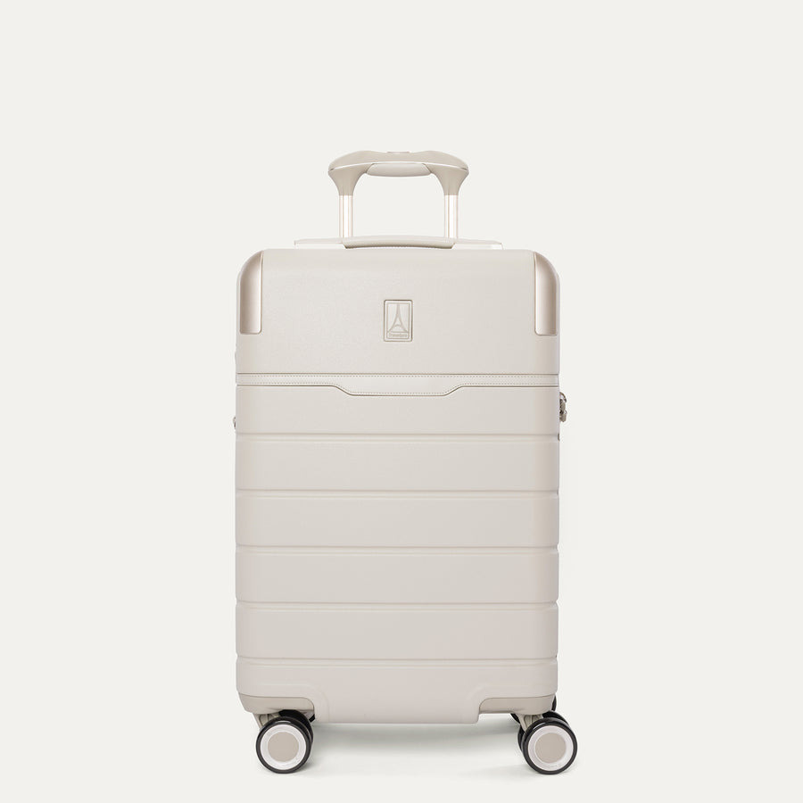 Front view of the Travelpro Platinum Reserve Carry-On Hardside Spinner in Sandstone