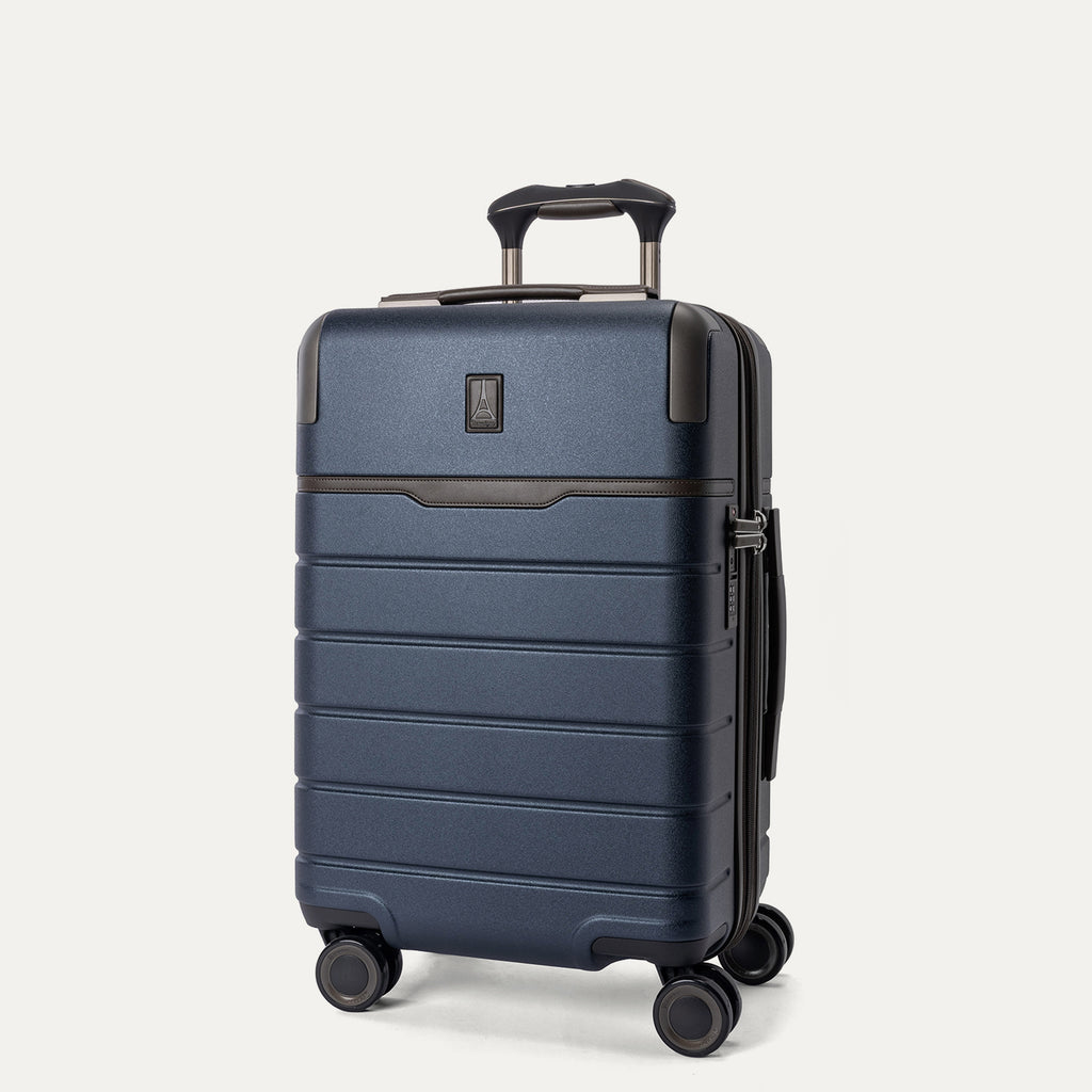 Three-quarter angled view of the Travelpro Platinum Reserve Carry-On Hardside Spinner in Midnight Trail