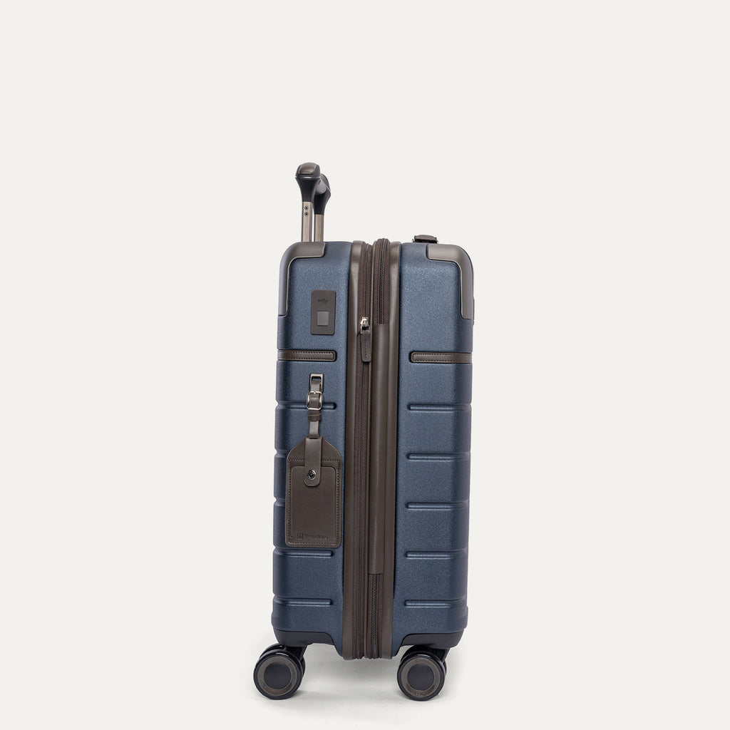 Side profile of the Travelpro Platinum Reserve Carry-On Hardside Spinner in Midnight Trail