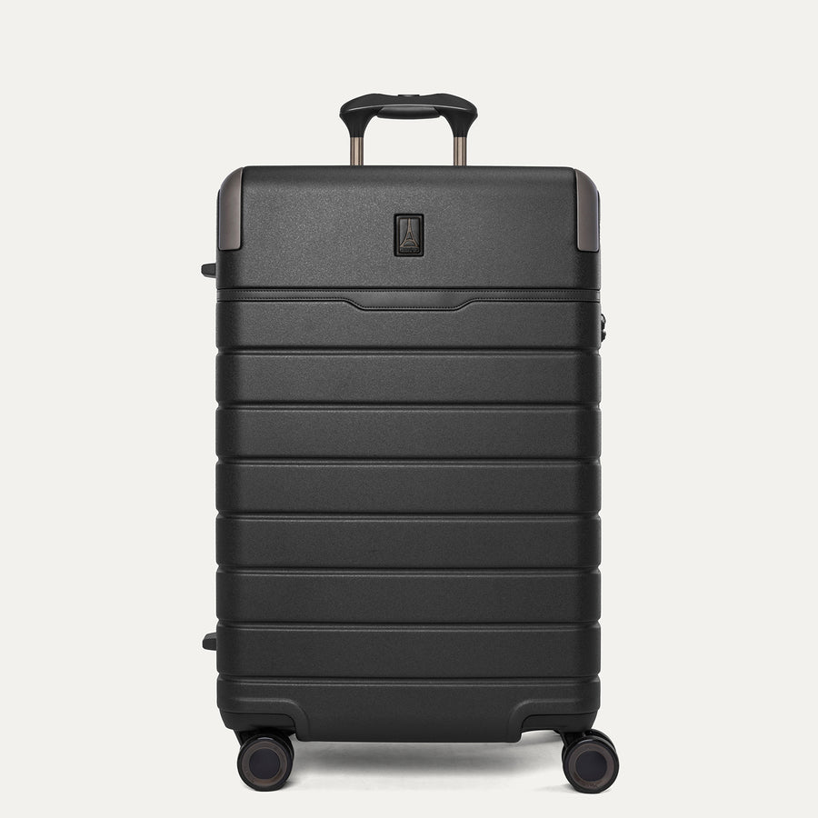 Front view of the Travelpro Platinum Reserve Medium Check-In Hardside Spinner in Black Dust