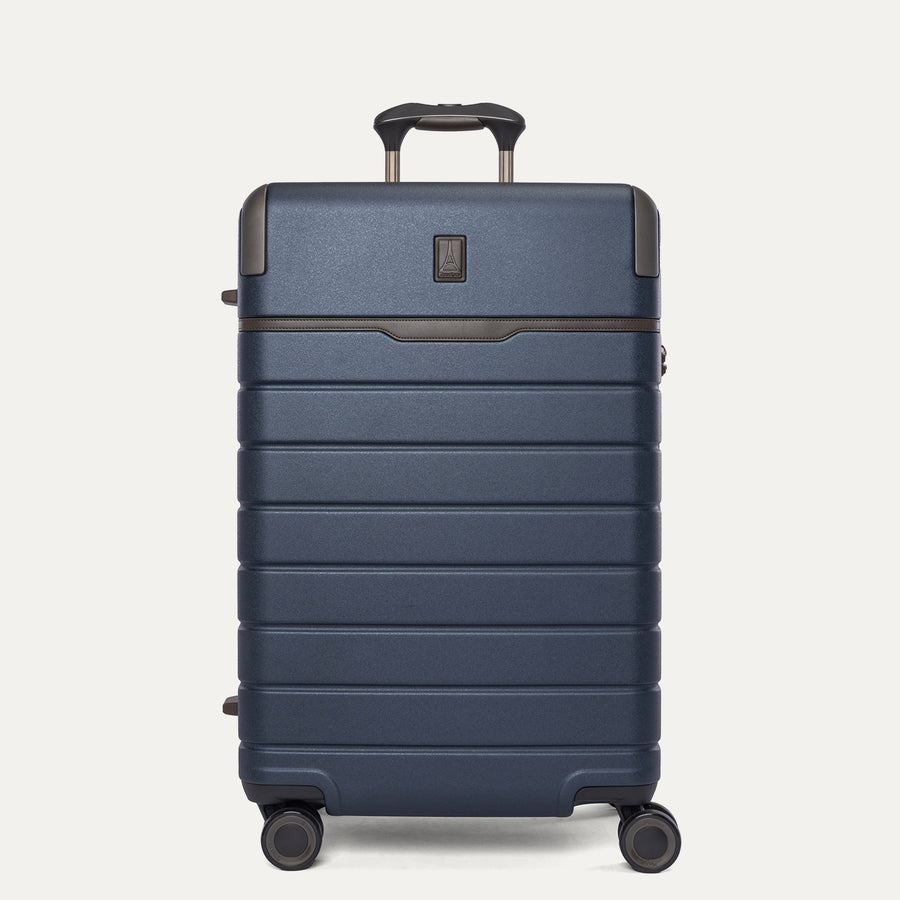 Front view of the Travelpro Platinum Reserve Medium Check-In Hardside Spinner in Midnight Trail