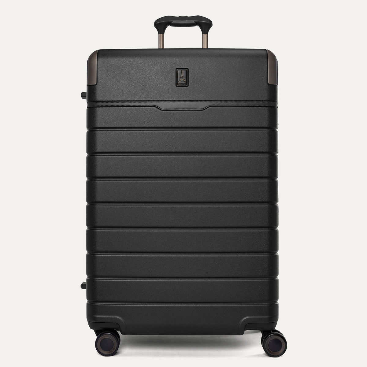 Front view of the Travelpro Platinum Reserve Large Check-In Hardside Spinner in Black Dust