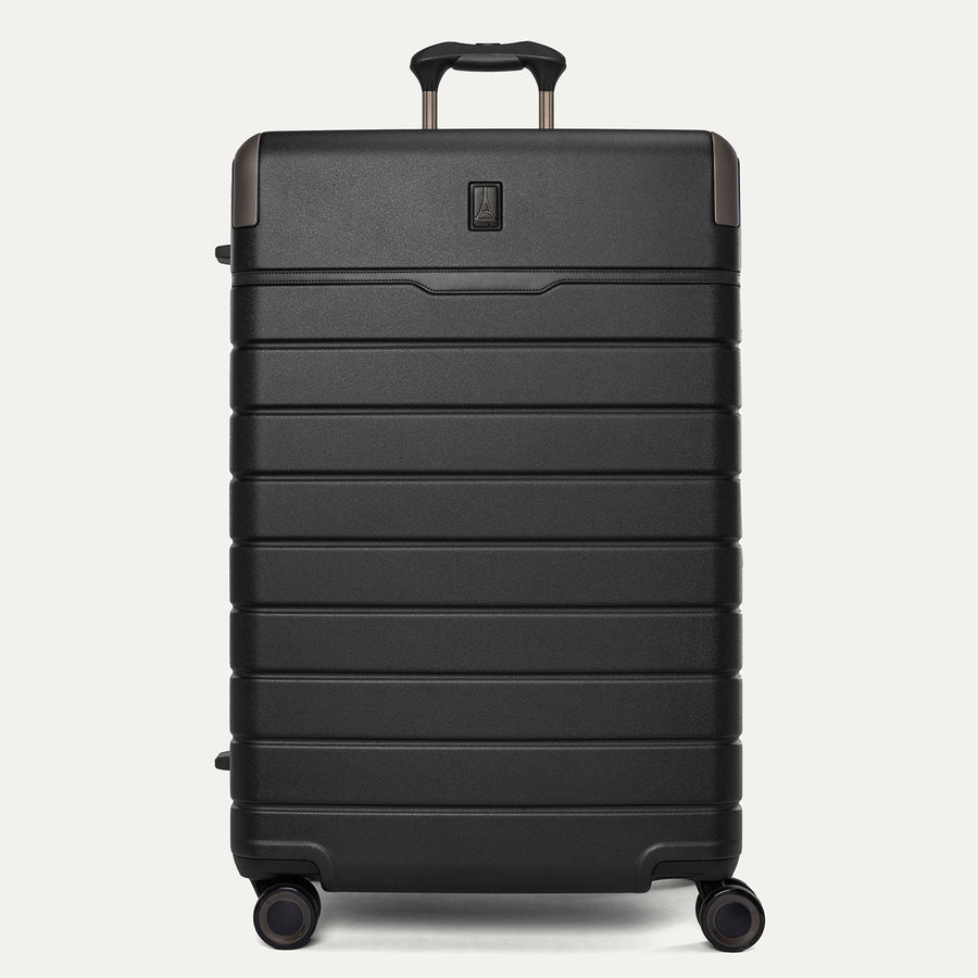 Front view of the Travelpro Platinum Reserve Large Check-In Hardside Spinner in Black Dust