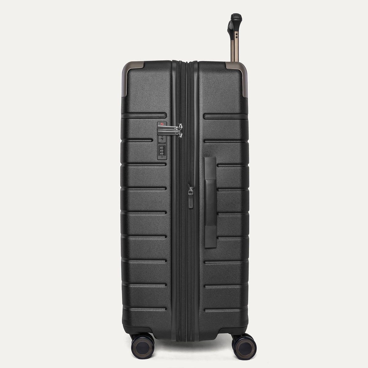 Side profile of the Travelpro Platinum Reserve Large Check-In Hardside Spinner in Black Dust