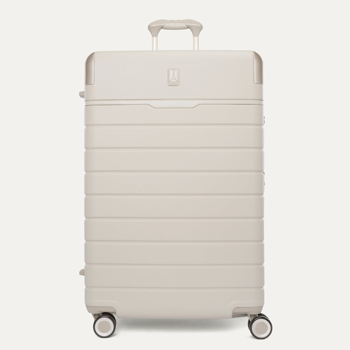 Front view of the Travelpro Platinum Reserve Large Check-In Hardside Spinner in Sandstone