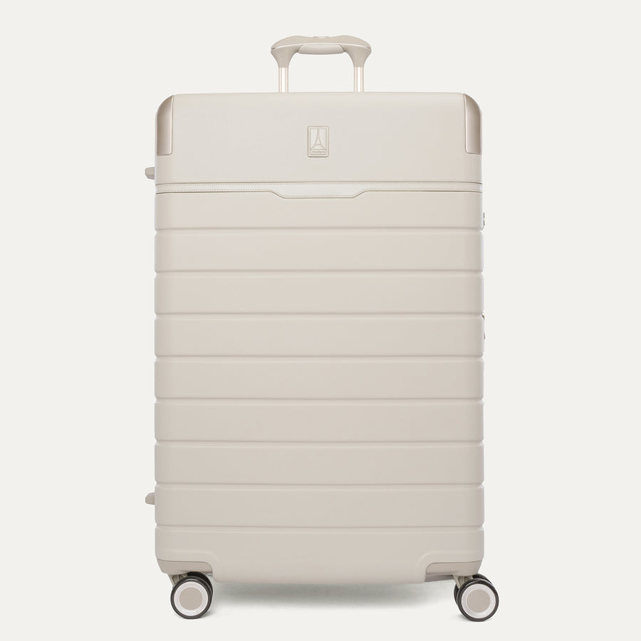 Front view of the Travelpro Platinum Reserve Large Check-In Hardside Spinner in Sandstone