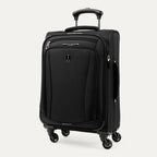 Three-quarter front view of the Travelpro Runway Tote / Carry-on Luggage Set in Black, showcasing the softside carry-on spinner featuring an extended telescopic handle, a zippered front pocket with the Travelpro logo badge, and multi-directional spinner wheels against a clean off-white background.