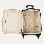 An open soft-side carry-on suitcase shown from above, featuring a black exterior and a beige interior with a zippered mesh panel pocket on the lid and adjustable compression straps in the main packing compartment.