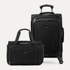 Three-quarter front view of the Travelpro Runway Tote / Carry-on Luggage Set in Black, showing a matching softside carry-on spinner and a compact tote bag with dual top handles, front zip pockets, and the Travelpro logo against a clean white background.