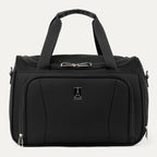 Front view of the Travelpro Runway Tote in Black, showcasing dual top grab handles, a front zippered pocket with the Travelpro logo badge, and side attachments for the shoulder strap against a clean off-white background.