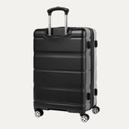 Black hardside spinner suitcase rear view with extended telescopic handle and four wheels.