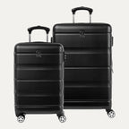 A set of two black hardside carry-on and checked luggage pieces with spinner wheels and telescopic handles.
