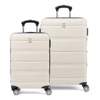 Front view of white Travelpro Runway carry-on and check-in hardside spinners with telescoping handles.

