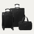 Runway 3-Piece Luggage Set in black, featuring an underseat soft tote, a carry-on spinner, and a convertible medium-to-large checked spinner suitcase, all with the Travelpro logo on the front.
