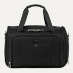 Front view of the black Travelpro Runway underseat soft tote featuring a zippered front pocket and dual top handles,