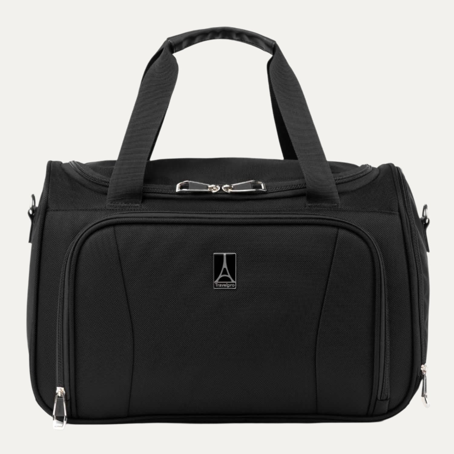 Front view of the black Travelpro Runway underseat soft tote featuring a zippered front pocket and dual top handles,