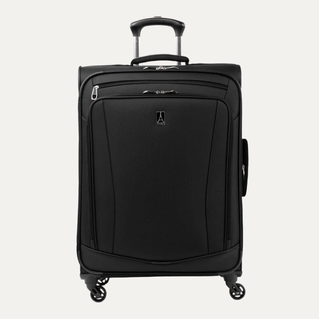 Runway Convertible Medium-to-Large Check Spinner in black, featuring four  spinner wheels, a telescoping handle, and a sleek front panel 