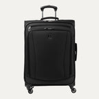 Runway Convertible Medium-to-Large Check Spinner in black, featuring four  spinner wheels, a telescoping handle, and a sleek front panel 