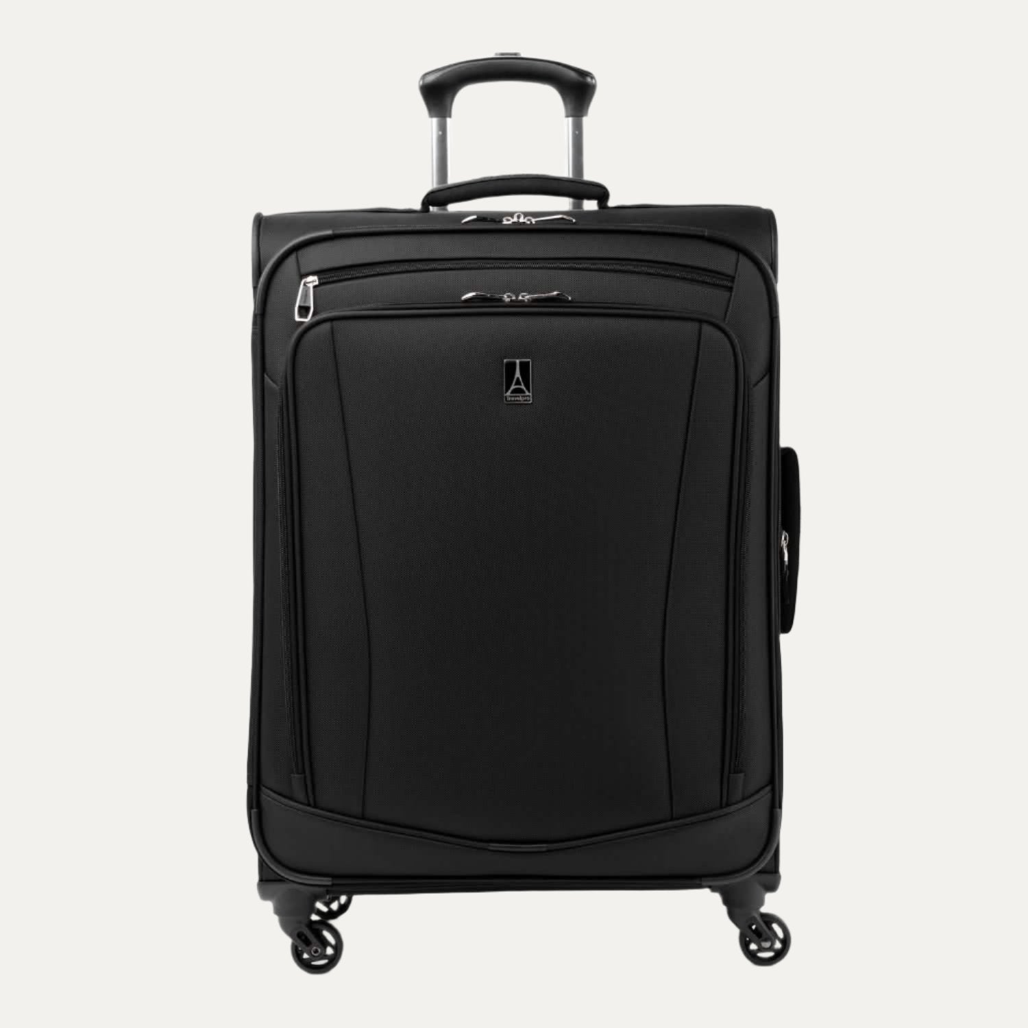 Runway Convertible Medium-to-Large Check Spinner in black, featuring four  spinner wheels, a telescoping handle, and a sleek front panel 