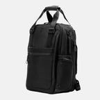Black backpack on a light gray background