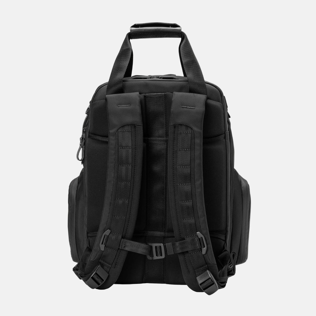 Black backpack on a light gray background