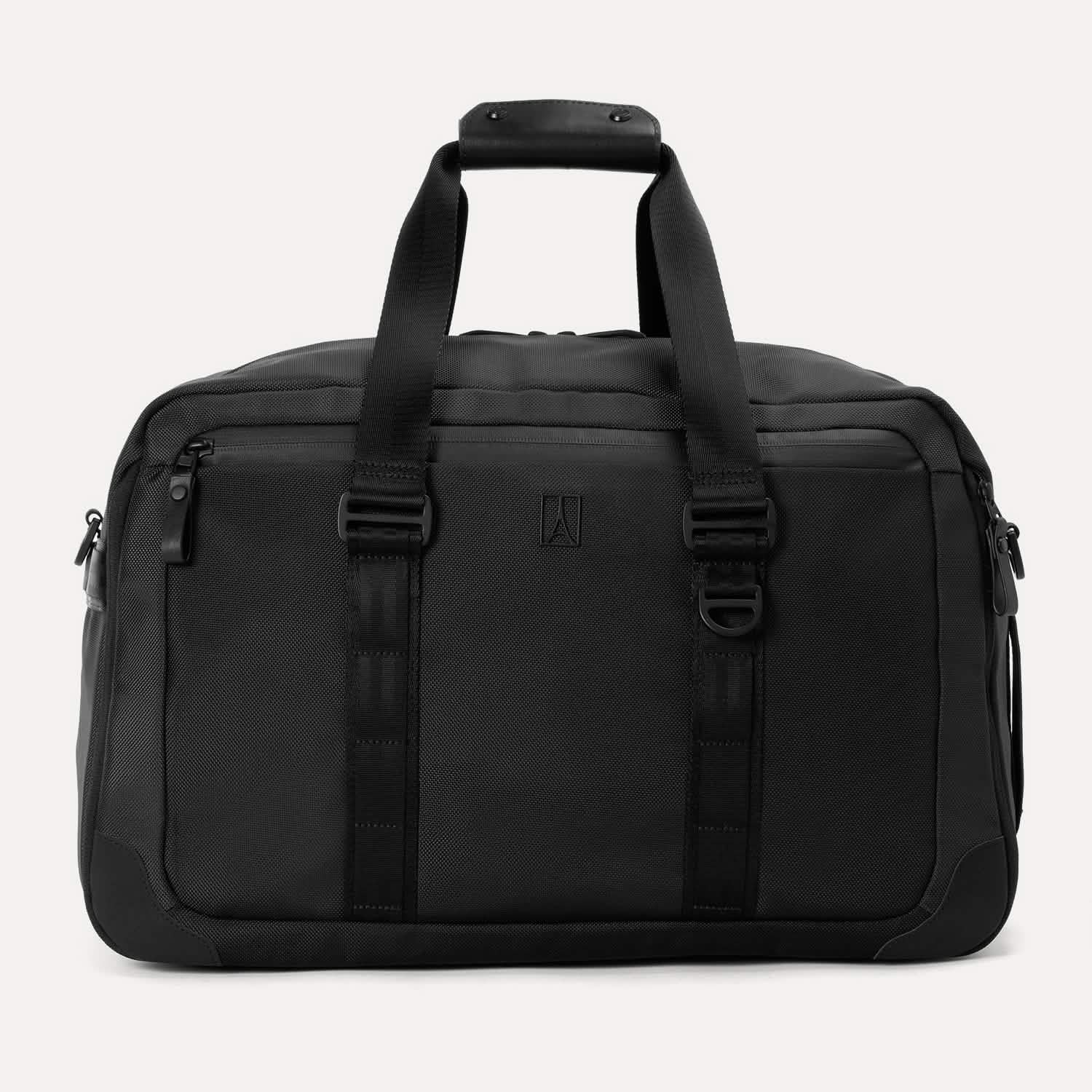 A black Travelpro Altitude Double Expansion Duffel bag with multiple compartments and zipper closure.
