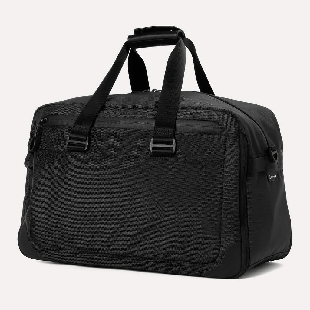 Slanted rear view of Travelpro Altitude Double Expansion Duffel in Jet Black with top handle and rear zippered pocket.
