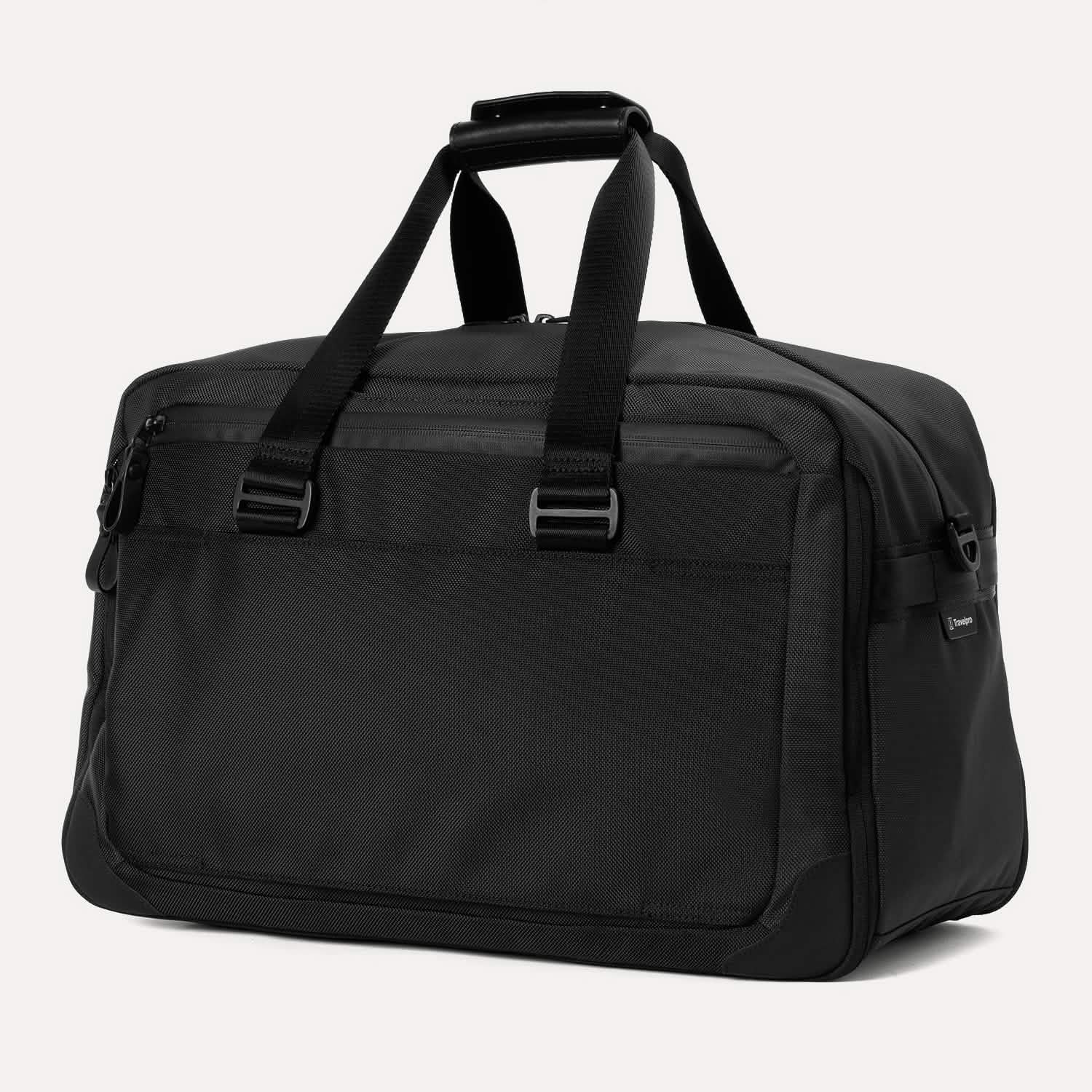 Slanted rear view of Travelpro Altitude Double Expansion Duffel in Jet Black with top handle and rear zippered pocket.
