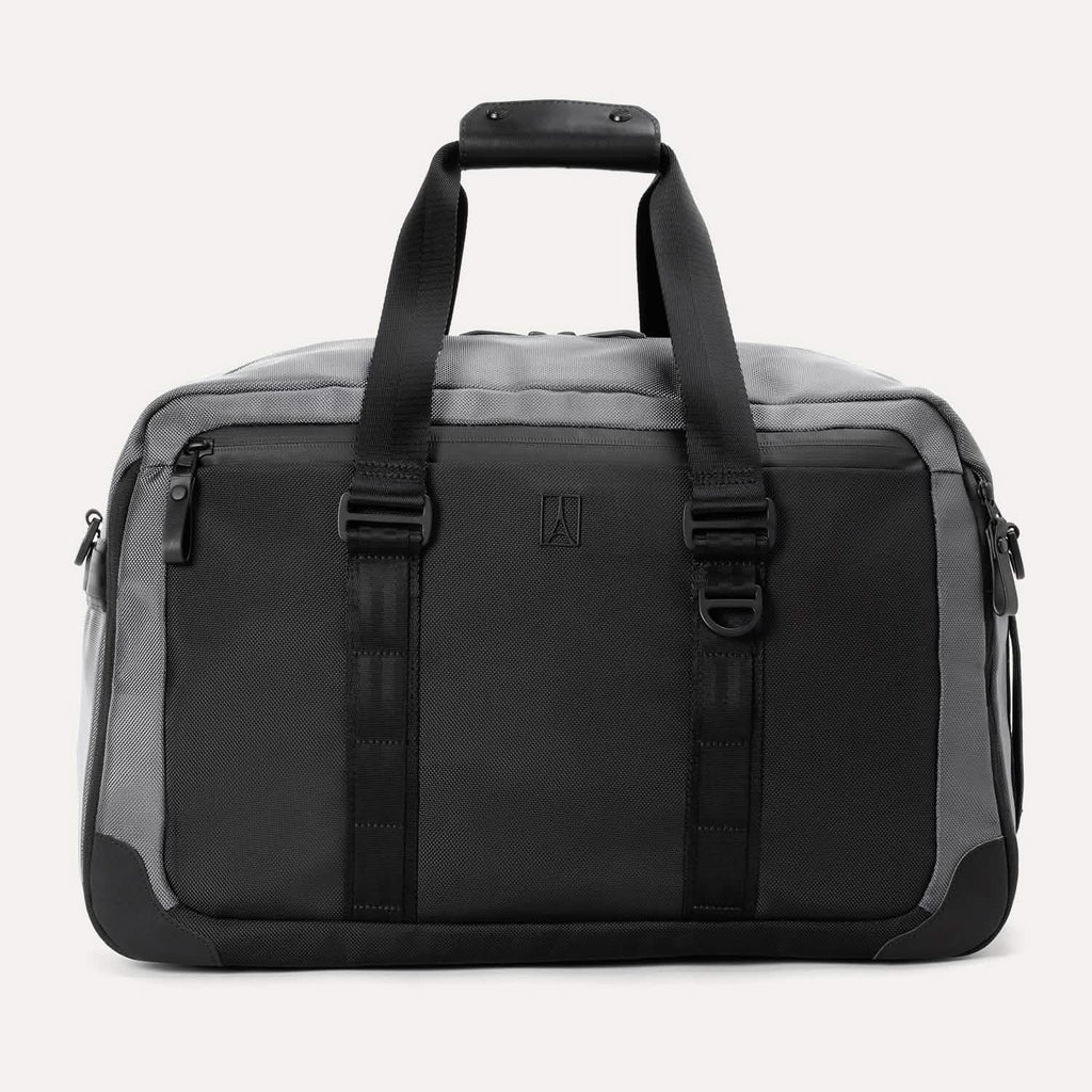  Front view of the Travelpro® Altitude™ Double Expansion Duffel in Falcon Grey, featuring dual carry handles with a padded grip, a large front panel, and a zippered pocket on the upper left.
