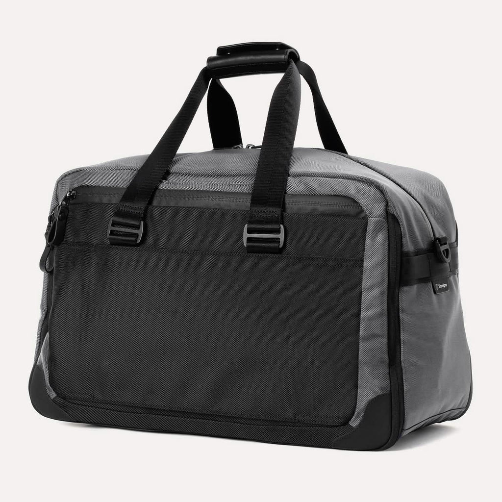 Slanted rear view of the Travelpro® Altitude™ Double Expansion Duffel in Falcon Grey, showing the closed rear pocket and dual carry handles.