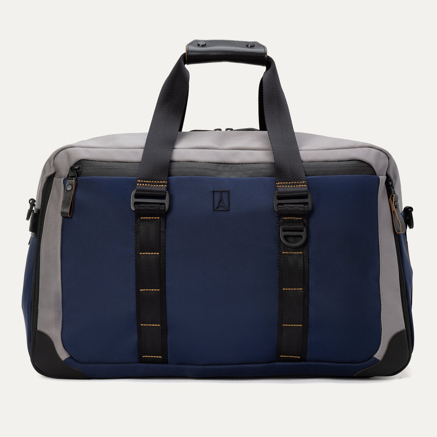 Rear view of the Travelpro® Altitude™ Double Expansion Duffel in Stellar Navy/Grey, featuring dual carry handles with reinforced stitching and a large exterior slip pocket holding a smartphone.
