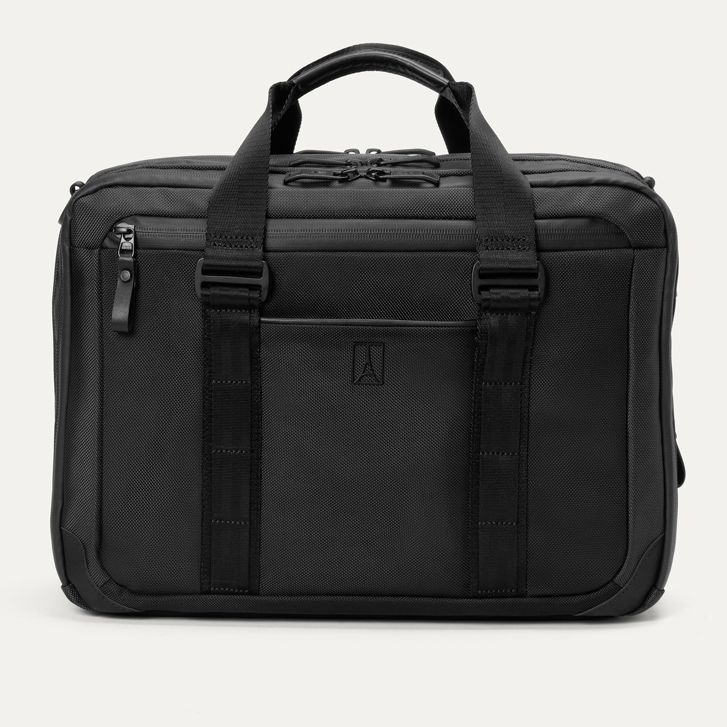 A black Travelpro Altitude Full Expansion Briefcase with multiple compartments and a full-grain leather handle.