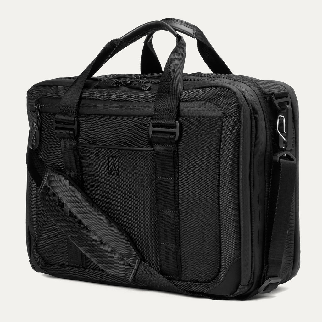 Travelpro® Altitude™ Full Expansion Brief in Black, featuring dual top handles, an adjustable padded shoulder strap, and a sleek front design with vertical webbing accents.
