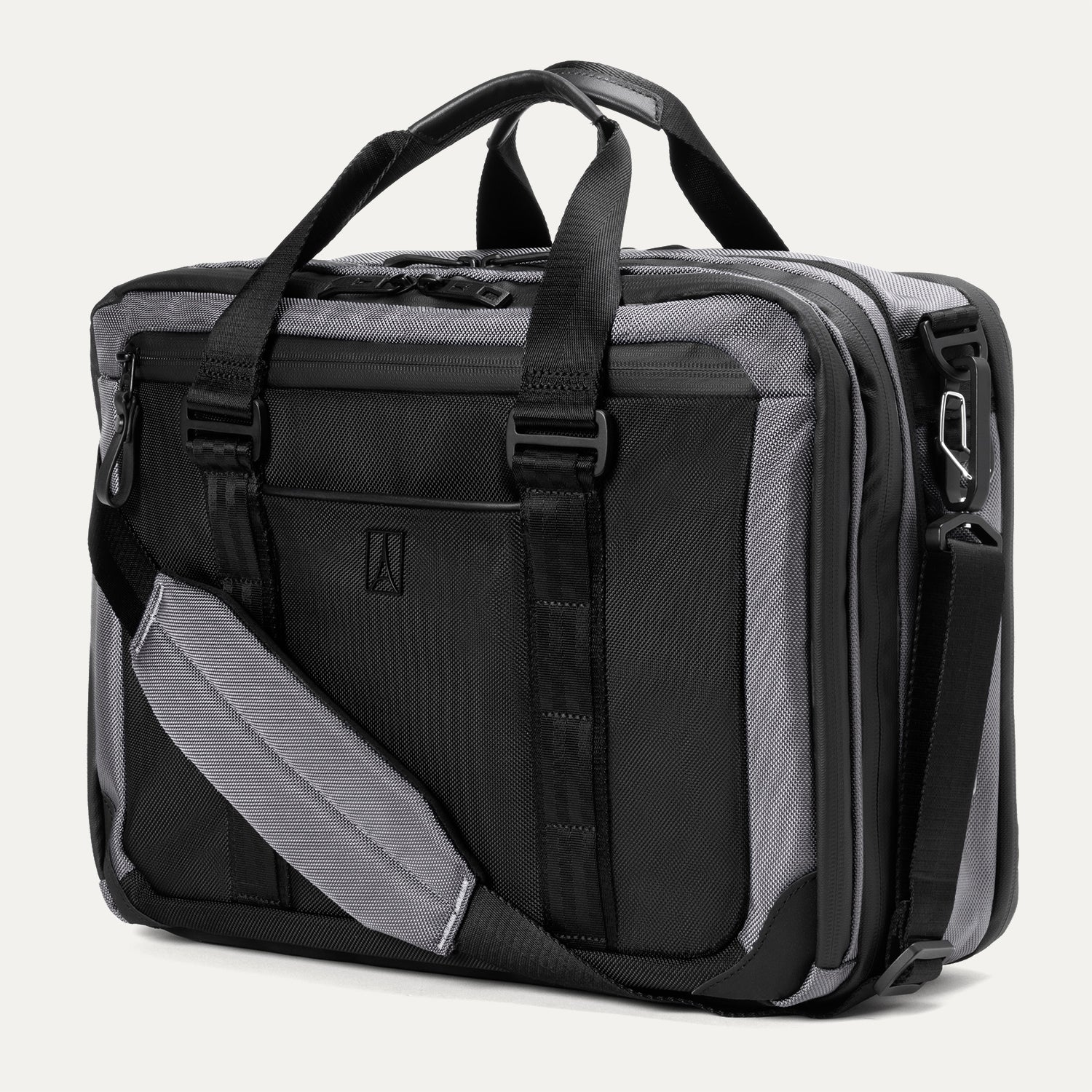 Falcon Grey Travelpro® Altitude™ Full Expansion Brief shown at a slight angle with dual top handles and an attached adjustable shoulder strap, featuring a black front panel with two vertical straps 