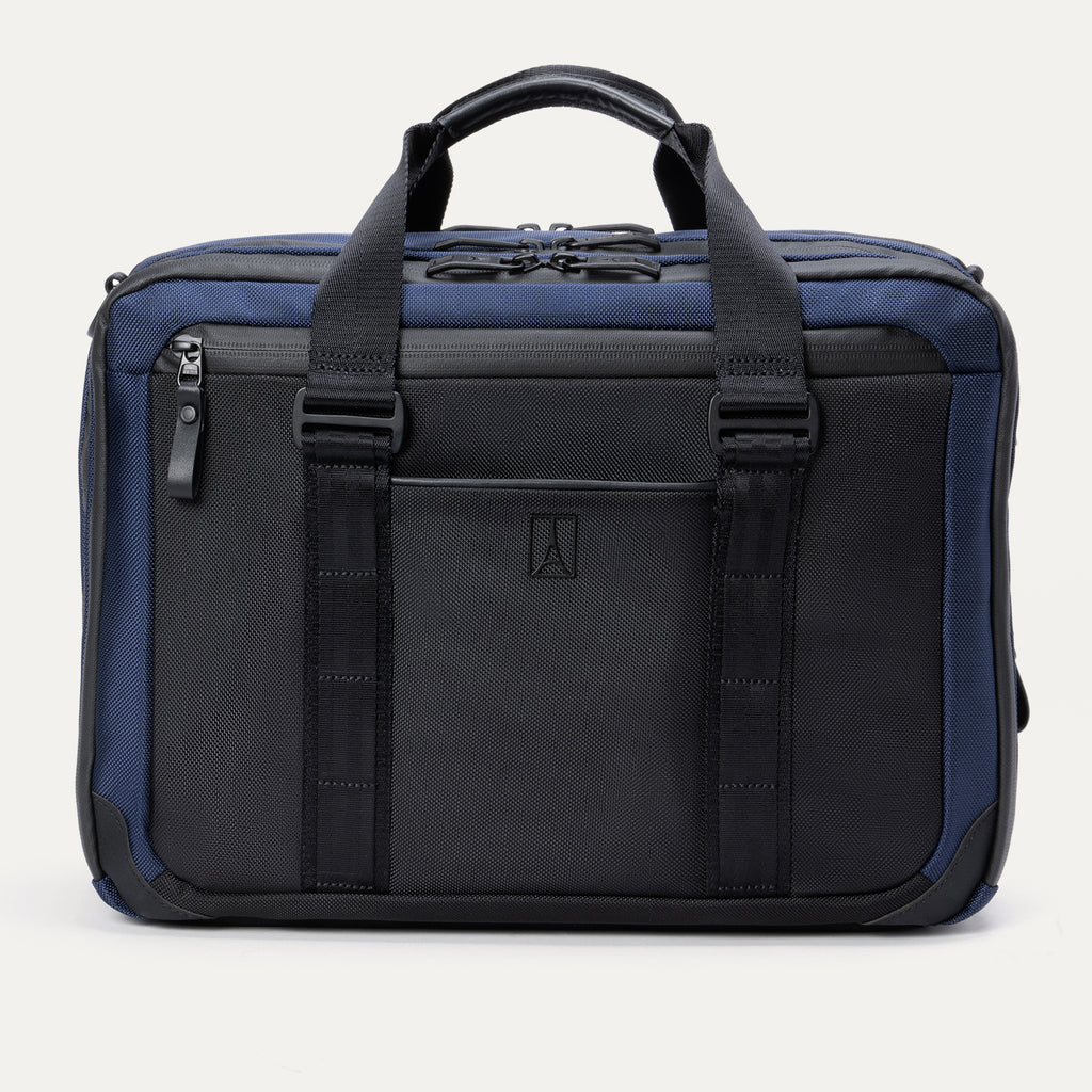 Front view of the Travelpro® Altitude™ Full Expansion Brief in Aviator Navy, featuring dual top handles, a sleek black front panel with vertical webbing accents, and a discreet zippered pocket.
