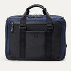Front view of the Travelpro® Altitude™ Full Expansion Brief in Aviator Navy, featuring dual top handles, a sleek black front panel with vertical webbing accents, and a discreet zippered pocket.
