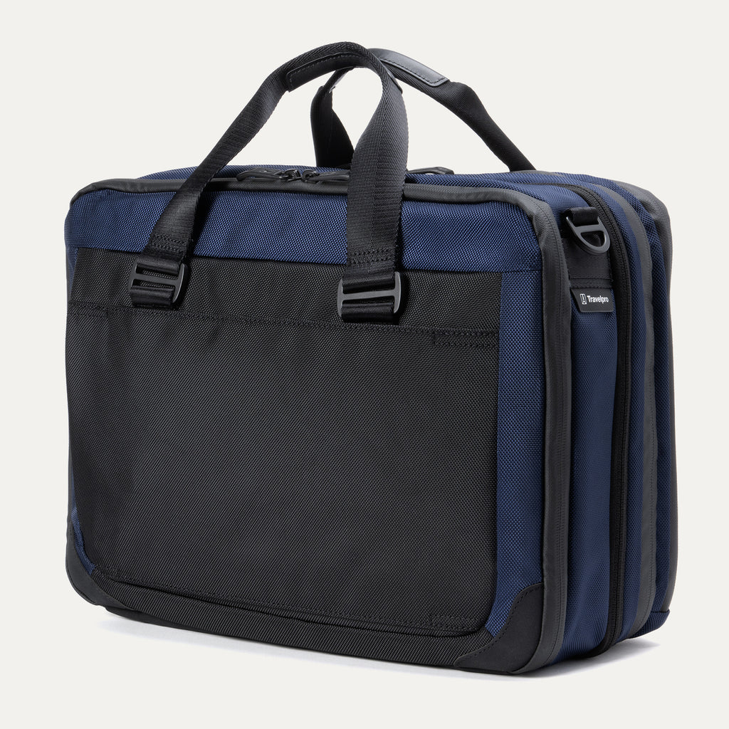 Travelpro® Altitude™ Full Expansion Brief in Aviator Navy shown from the back, featuring a large slip pocket, reinforced stitching, and durable dual top handles.
