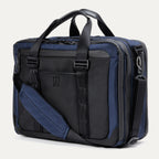 Travelpro® Altitude™ Full Expansion Brief in Aviator Navy shown with an adjustable padded shoulder strap, dual top handles, multiple zippered compartments, and reinforced detailing for durability.
