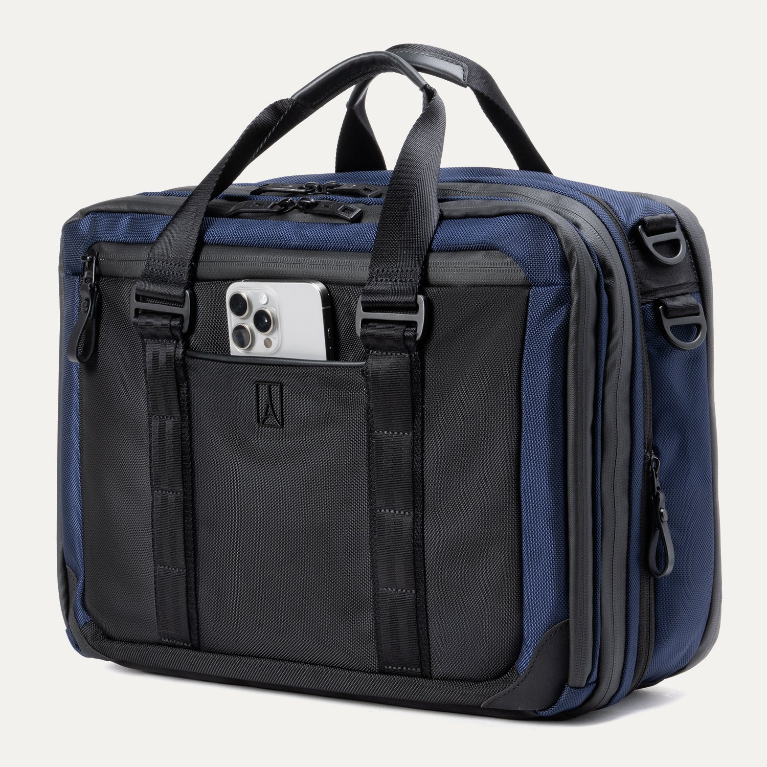 Travelpro® Altitude™ Full Expansion Brief in Aviator Navy featuring dual top handles, multiple zippered compartments and a front slip pocket suitable for items like a smartphone.
