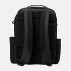 Black backpack shown from the back on a light gray background