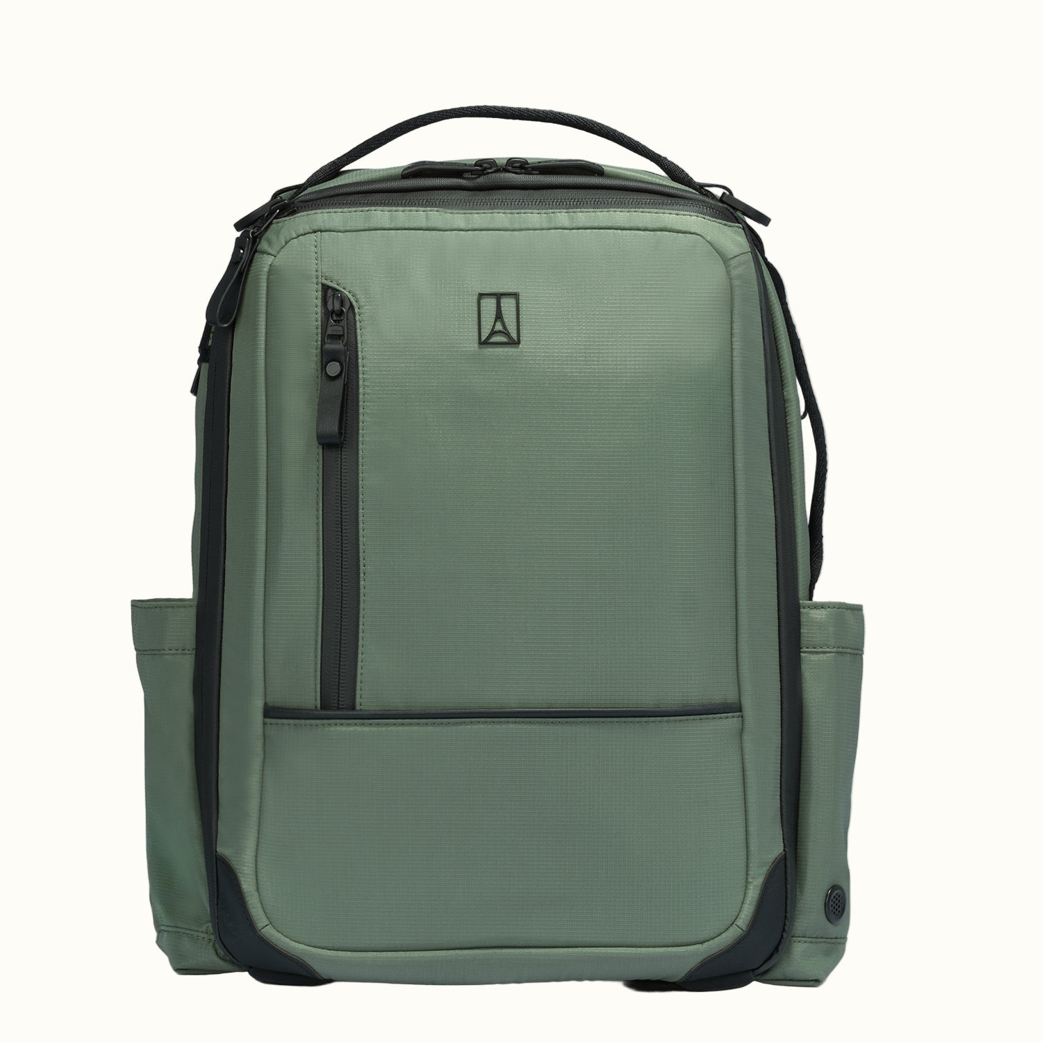 Green backpack with black accents on a white background