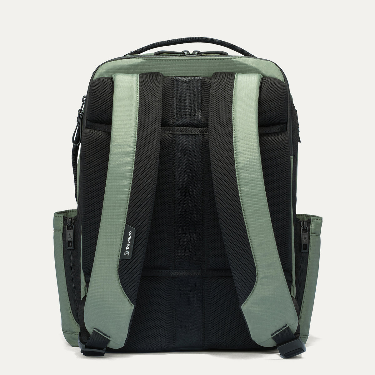 Back view of a green and black backpack on a white background