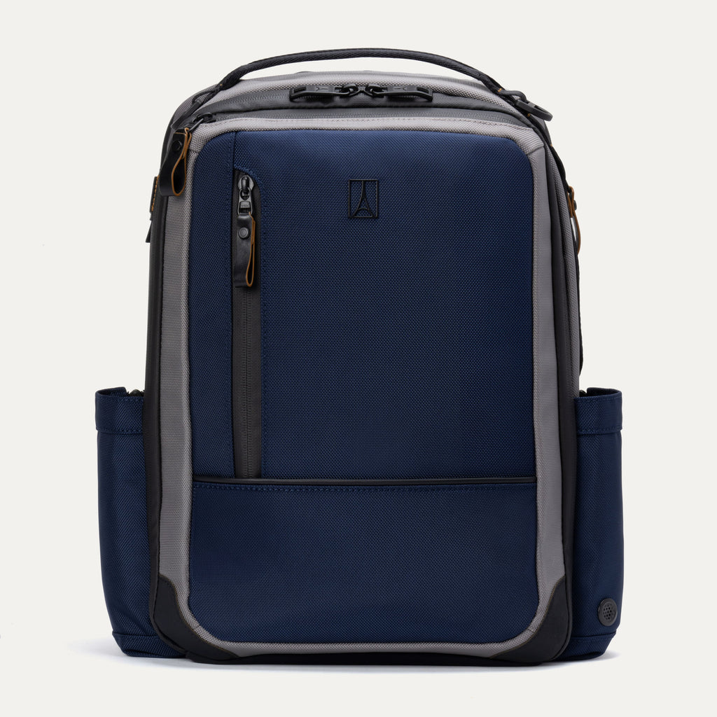 Front view of the Travelpro Altitude Slim Expandable Laptop Backpack 20-24L in Stellar Navy and Grey, showcasing its sleek, professional design, front-facing brand logo, and convenient exterior storage pocket.