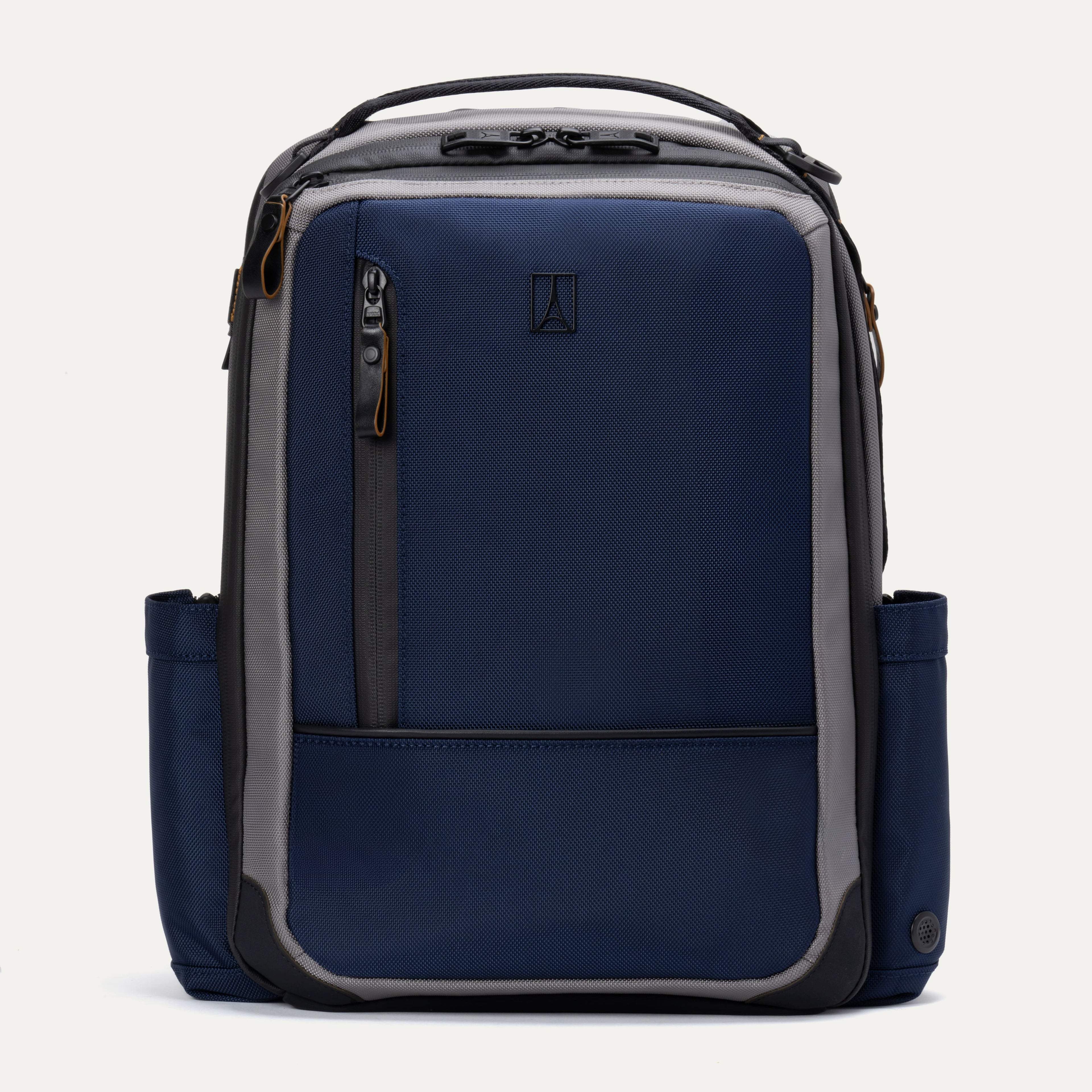 Front view of the Travelpro Altitude Slim Expandable Laptop Backpack 20-24L in Stellar Navy and Grey, showcasing its sleek, professional design, front-facing brand logo, and convenient exterior storage pocket.