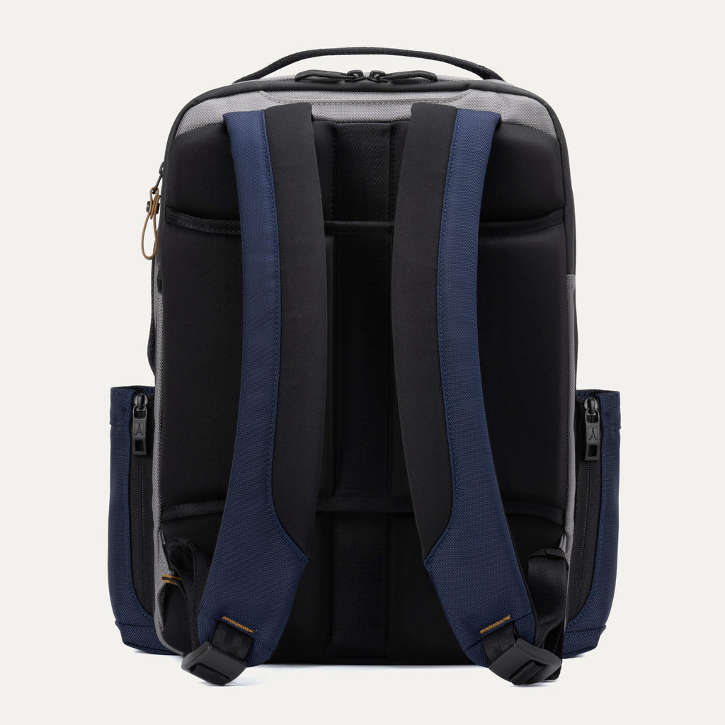Rear view of the Travelpro Altitude Slim Expandable Laptop Backpack 20-24L in Stellar Navy and Grey, showcasing the ergonomic airflow back panel and adjustable, padded shoulder straps designed for all-day carrying comfort.