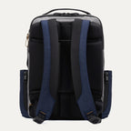 Rear view of the Travelpro Altitude Slim Expandable Laptop Backpack 20-24L in Stellar Navy and Grey, showcasing the ergonomic airflow back panel and adjustable, padded shoulder straps designed for all-day carrying comfort.