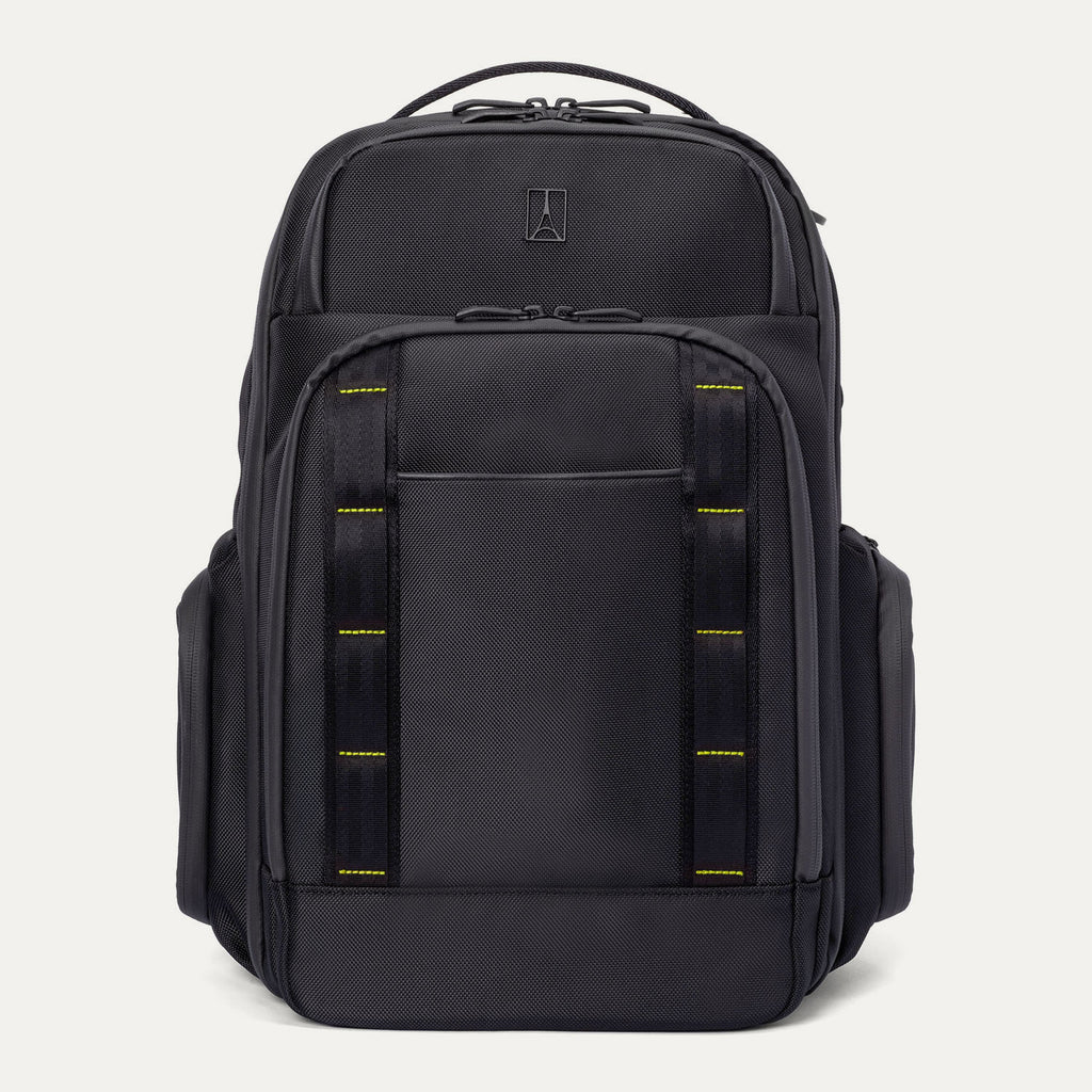 front view of the Travelpro Altitude Large Backpack in Neon Shadow, showing black textured exterior with neon yellow stitching accents, multiple zippered compartments, and side pocket against a light background.